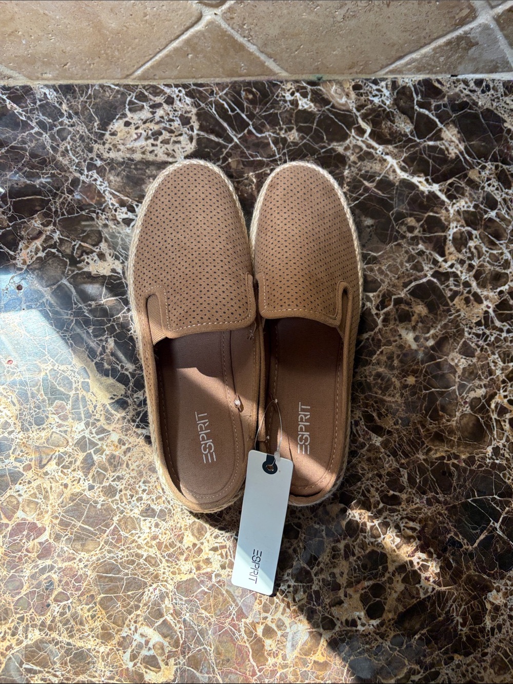 Esprit Tan Perforated Slip-On Espadrille Mules. Size 6.5